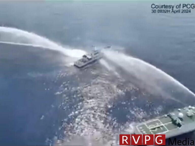 A wild video shows a Chinese coast guard ship colliding with a Philippine vessel while being smashed by a powerful water cannon