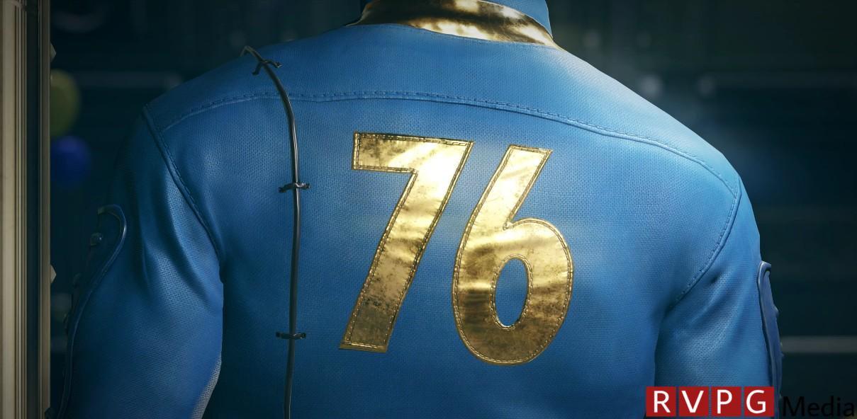 Fallout 76 Vault Suit, seen in the Fallout 76 trailer from 2018. The suit is blue with metallic numbers reading 76.