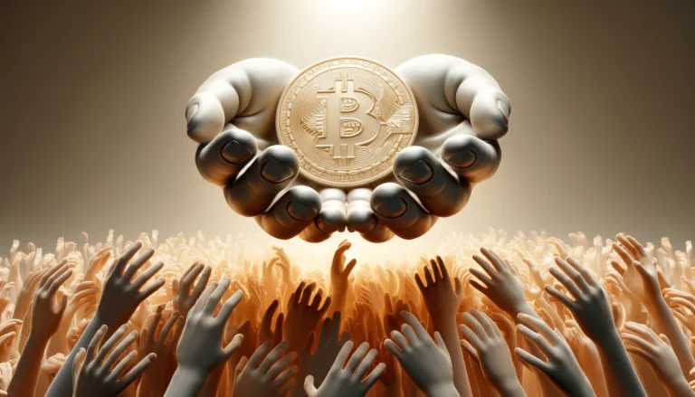 A 3D render of a large, open hand holding a shimmering Bitcoin, with numerous smaller hands reaching out to touch or hold the coin, symbolizing the growing adoption and distribution of Bitcoin among the "average" person.