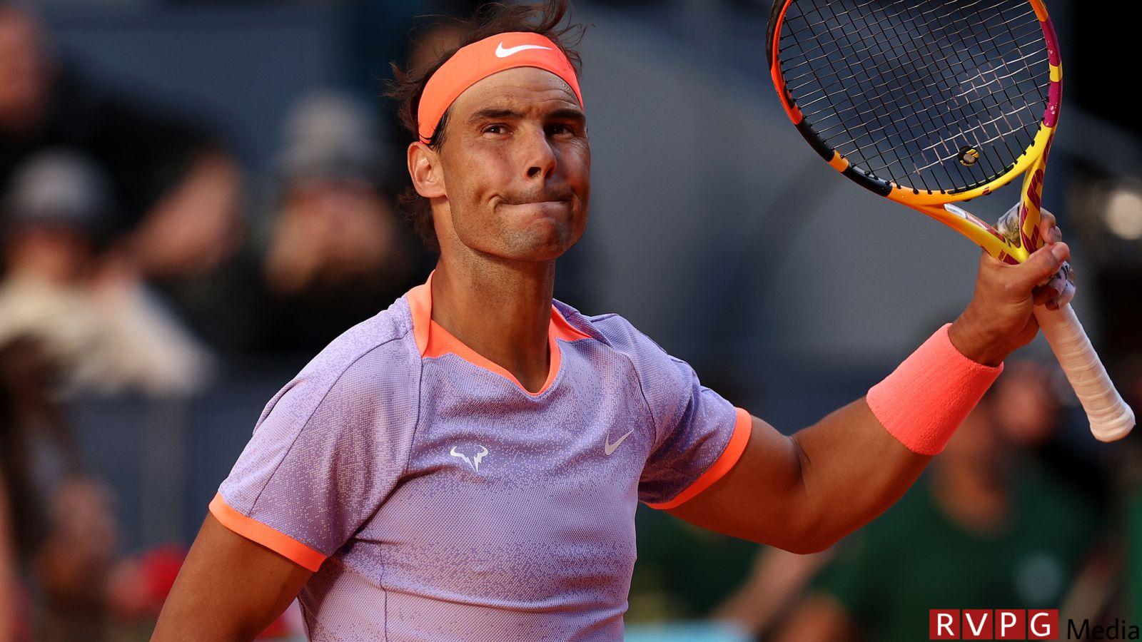 Rafael Nadal of Spain celebrates winning match point against Darwin Blanch of USA on Day Two during their 1st Round match of the Mutua Madrid Open at La Caja Magica on April 25, 2024 in Madrid, Spain. (Photo by Clive Brunskill/Getty Images)