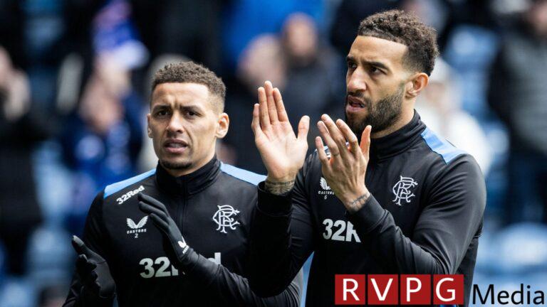 GLASGOW, SCOTLAND - APRIL 07: Rangers' James Tavernier (L) and Connor Goldson during a cinch Premiership match between Rangers and Celtic at Ibrox Stadium, on April 07, 2024, in Glasgow, Scotland. (Photo by Alan Harvey / SNS Group)