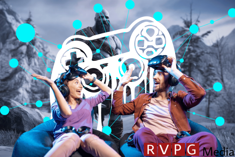 An image depicting two people, a woman on the left and a man on the right, sitting in bean bag chairs and enthusiastically using VR headsets. They appear to be engaging in an immersive experience, with their hands raised in excitement and expressions of joy. Behind them is a grayscale, outdoor mountain scene featuring a large statue, possibly from a game. Overlaid on the image are bright blue, connected nodes and lines of a graph, as well as a white, abstract design incorporating a circular pattern and a stylized face in the center. The design suggests a technological or digital theme, possibly representing data, AI, or network connections. Sony files auto-play patent allowing AI to take control during grinding moments