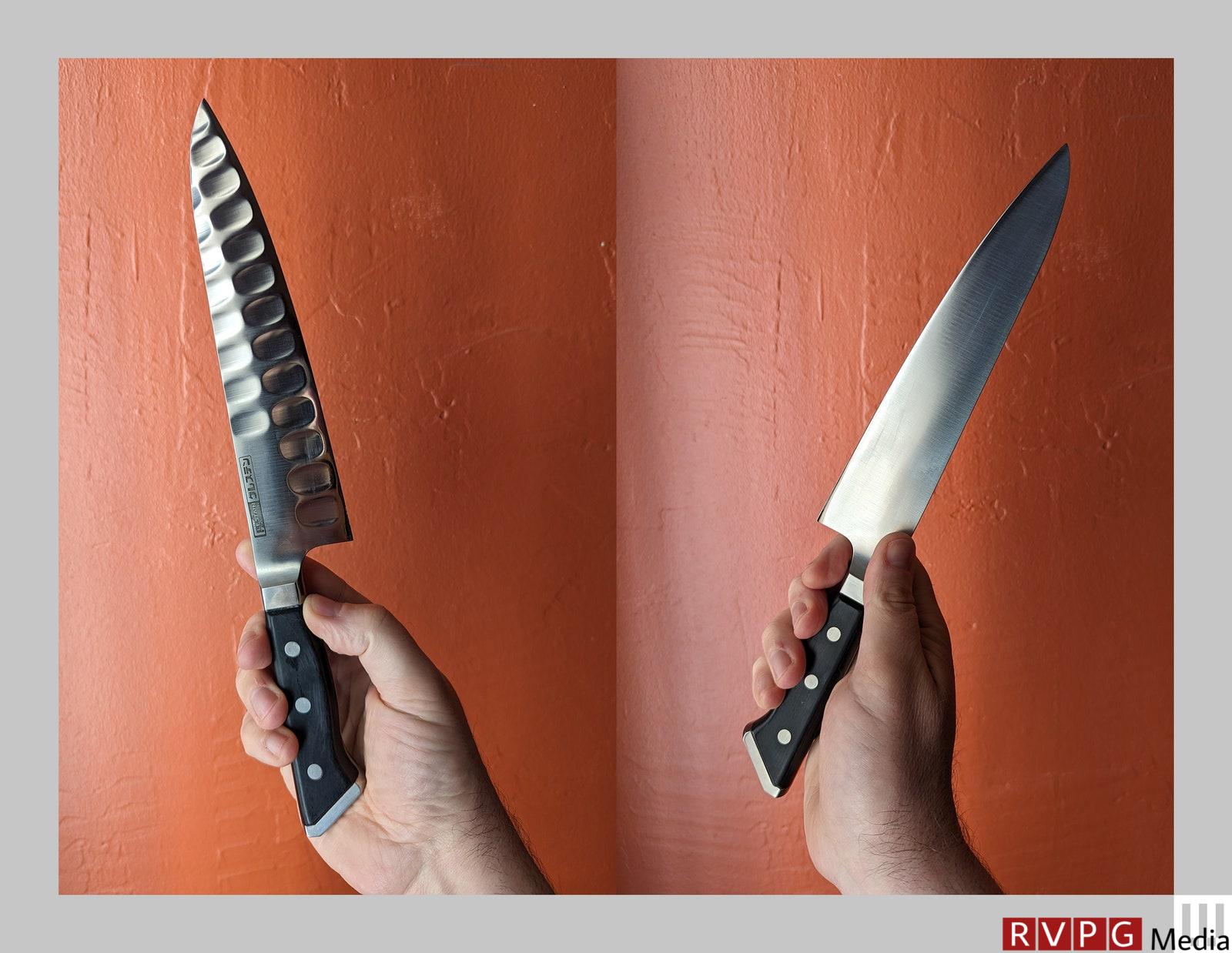 Two side views of the same kitchen knife, with the notched side on the left and the smooth side on the right