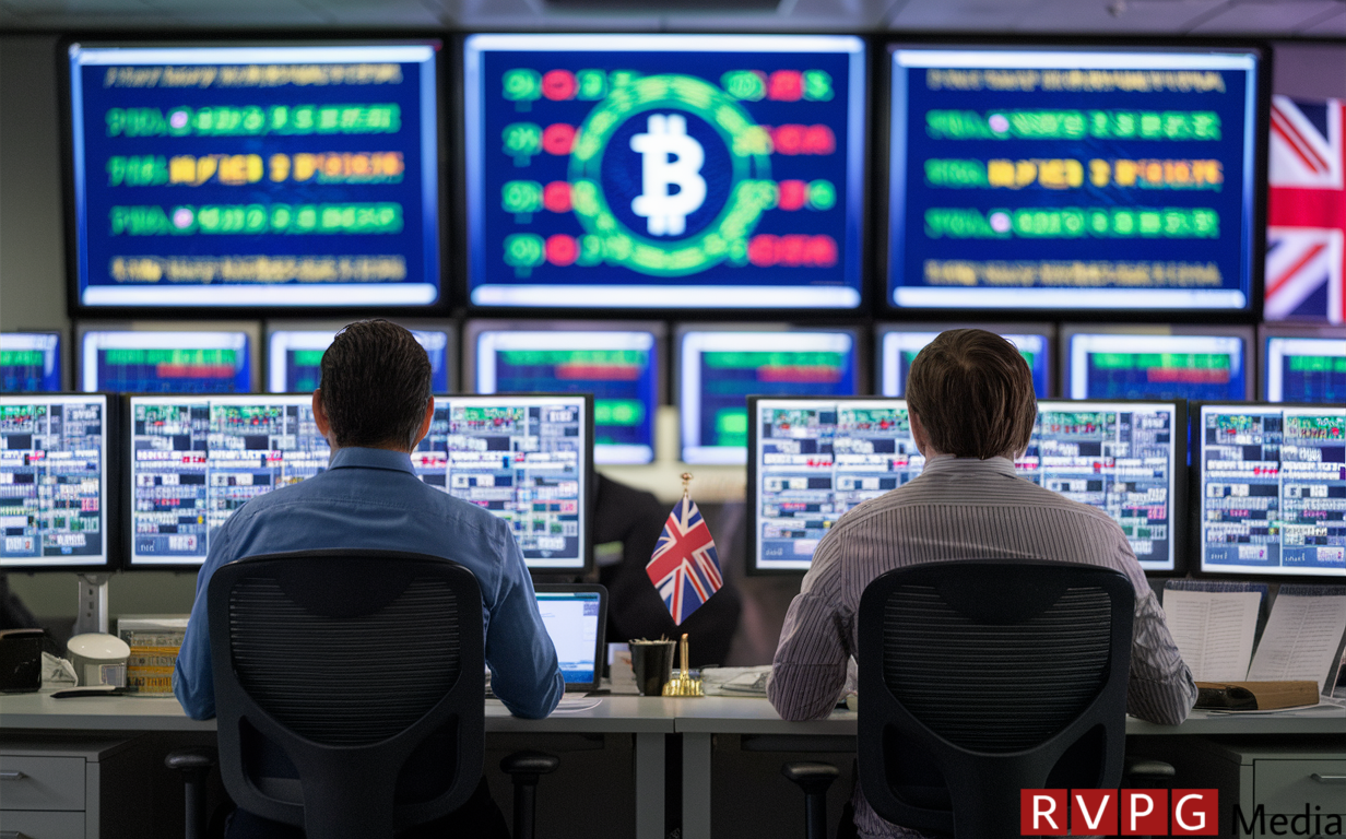A large control room with several screens showing crypto financial symbols. Two office workers with their back to viewer sit at their desk. A UK flag is on the wall