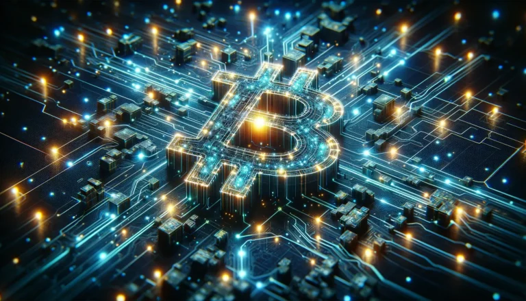A visual representation of the Bitcoin blockchain, with glowing, interconnected blocks forming a complex network, and a bright, pulsating node at the center representing the 1 billionth transaction.