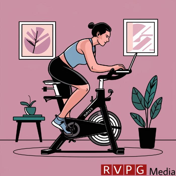 A person training on a fitness bike whilst home working on a laptop