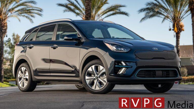 2021 Kia Niro EV in black with palm trees in the background.