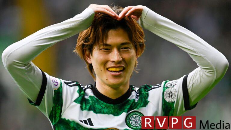 GLASGOW, SCOTLAND - MAY 04: Celtic's Kyogo Furuhashi celebrates as he scores to make it 1-0 during a cinch Premiership match between Celtic and Heart of Midlothian at Celtic Park, on May 04, 2024, in Glasgow, Scotland. (Photo by Rob Casey / SNS Group)