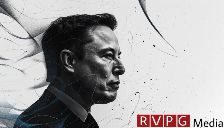 Black and white headshot of Elon Musk's side profile on a background of white with stylised blue lines going across and a Tesla logo