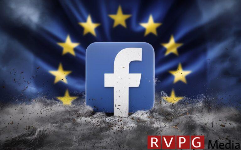 Facebook logo amidst a storm of controversy, with the European Union emblem looming in the background.