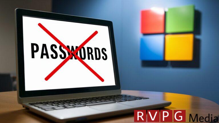 A laptop placed on a wooden table. The laptop's screen displays a large 'PASSWORDS' text with a red 'X' mark across it, indicating the prohibition of using passwords. In the background, there's a blue wall with a Microsoft logo.