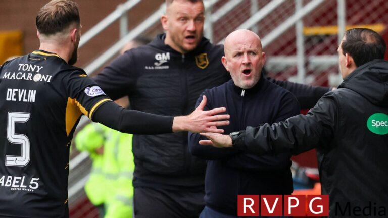 MOTHERWELL, SCOTLAND - MAY 04: Livingston manager David Martindale complains to the fourth official during a cinch Premiership match between Motherwell and Livingston at Fir Park, on May 04, 2024, in Motherwell, Scotland. (Photo by Ross MacDonald / SNS Group)