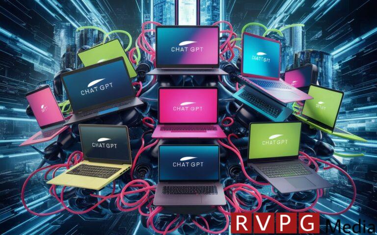 A stunning, futuristic display of various high-tech laptops, each featuring the ChatGPT logo prominently. The laptops come in diverse shapes and sizes, with vibrant colors such as electric blue, neon pink, and lime green. They are arranged in a dynamic, gravity-defying formation, with cables forming intricate patterns that connect them. The background is a blend of cyberspace elements, showcasing a digital cityscape that is both mesmerizing and awe-inspiring., vibrant