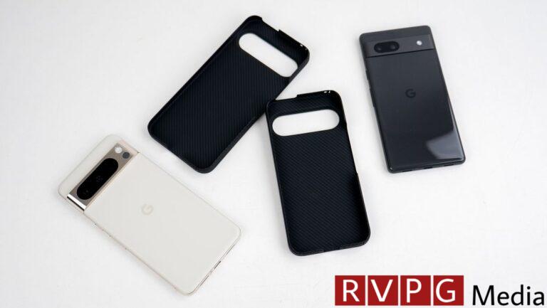 A Thinborne aramid fiber case made for an upcoming Google Pixel 9 phone alongside a Google Pixel 7a and Google Pixel 8 Pro