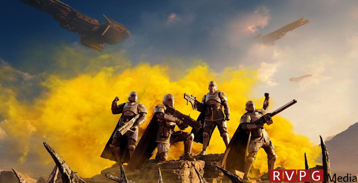 Cover image of Helldivers 2. Four futuristic soldiers stand atop a pile of rubble with explosive fire behind them
