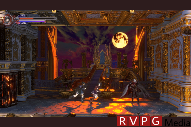 Final Bloodstained Ritual of the Night update adds new modes. This image depicts a scene from a video game showing a lavish, gothic-style interior with two characters engaged in combat. The environment is richly detailed with golden accents, intricate carvings, and statues, creating a dramatic and opulent atmosphere. In the background, a large, blood-red moon hangs in a twilight sky, viewed through an arched doorway flanked by classical columns and fiery braziers. The characters, one wielding a sword and the other with a demonic appearance, add a dynamic element to the ornate setting.