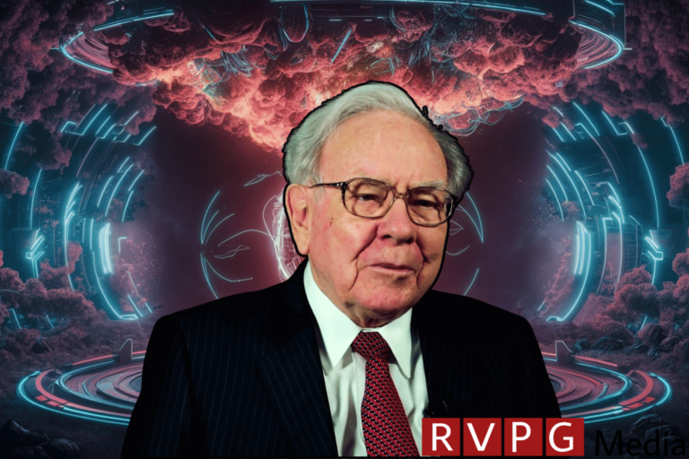 Warren Buffett compares misused AI to nuclear weapons. This image features Warren Buffett, portrayed against a dramatic background of swirling cosmic and technological elements. The background suggests a blend of outer space and futuristic technology, with vibrant reds and blues that contrast sharply with his calm, composed expression. This juxtaposition visually represents the tension between human leadership and the overwhelming force of advancing technology, reflecting Buffett's concerns about the potential dangers of artificial intelligence.