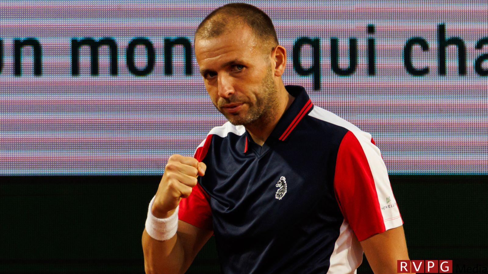 Dan Evans of Great Britain celebrates during his match against Holger Rune of Denmark in the first round at Roland Garros on May 28, 2024 in Paris, France. (Photo by Frey/TPN/Getty Images)